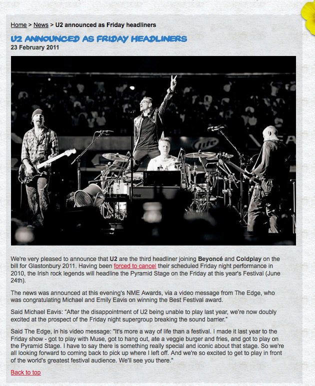 U2 Will Headline Friday Night Glasto