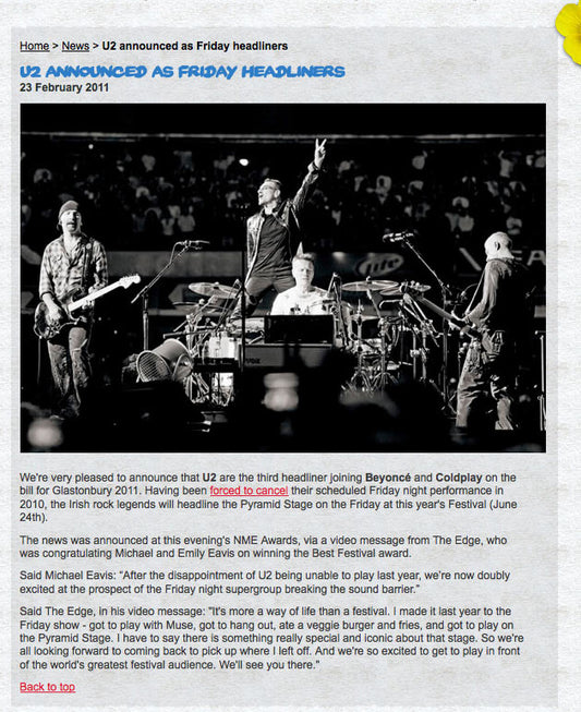 U2 Will Headline Friday Night Glasto