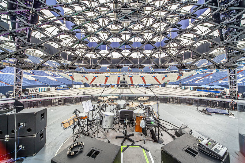 Empty stadium from behind Larry's drumkit - From The Ground Up: U2.Com Music Edition