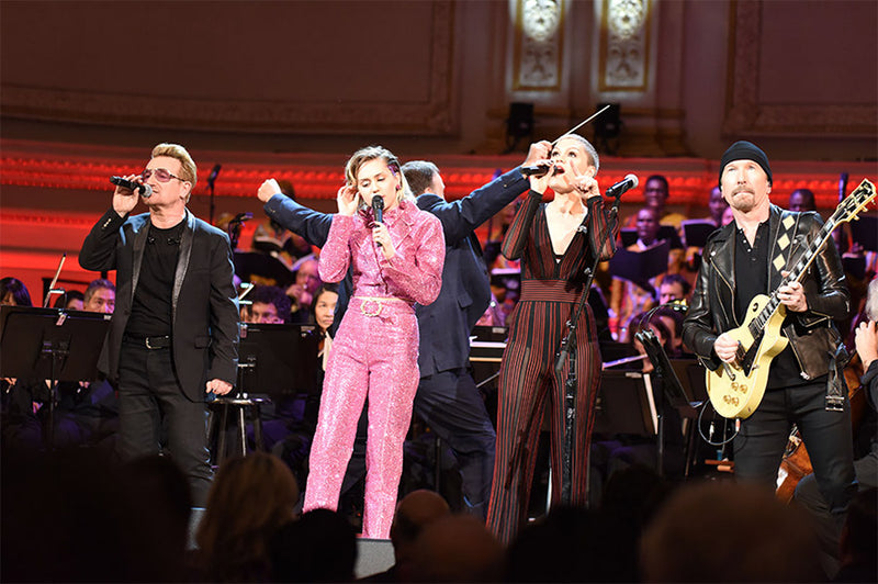 Bono, The Edge and Miley Cirus for Red