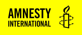 Black ’amnesty international’ logo with a candle encircled by barbed wire on a bright yellow background.