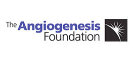 The angiogenesis foundation logo, featuring the name in a clean serif font with ’angiogenesis’ in dark blue and ’foundation’ in gray beneath it, alongside a black square containing a white stylized dandelion seed head.