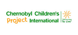 Chernobyl children’s project international logo featuring green and orange text with a stylized sun icon.