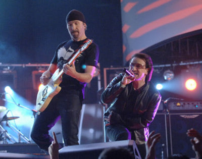 Bono and Edge performing  Vertigo.
(Wire Image)