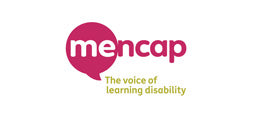 Mencap logo featuring the word ’mencap’ in lowercase pink letters inside a speech bubble, with the tagline ’the voice of learning disability’ written below it.
