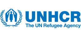 Blue unhcr logo featuring a stylized tent within an olive branch wreath.